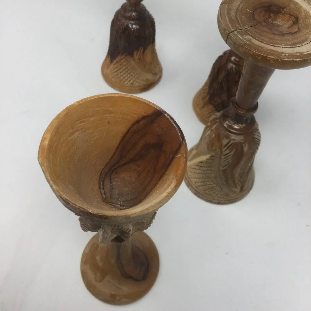 4 Vintage Wood Hand Carved Goblets Small